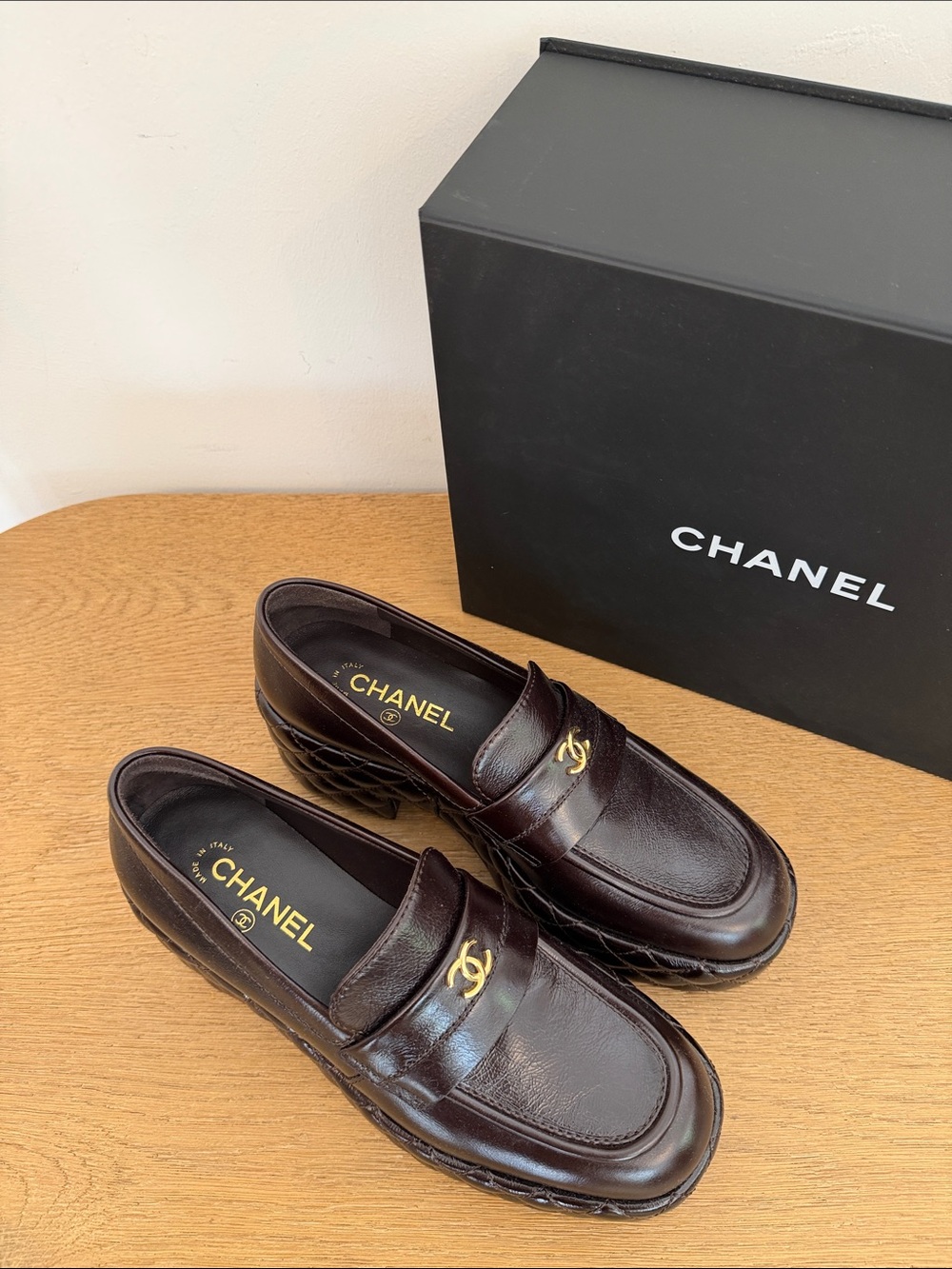 CHANEL Brown Quilted Platform Penny Loafers with Gold CC - Picture 7 of 9